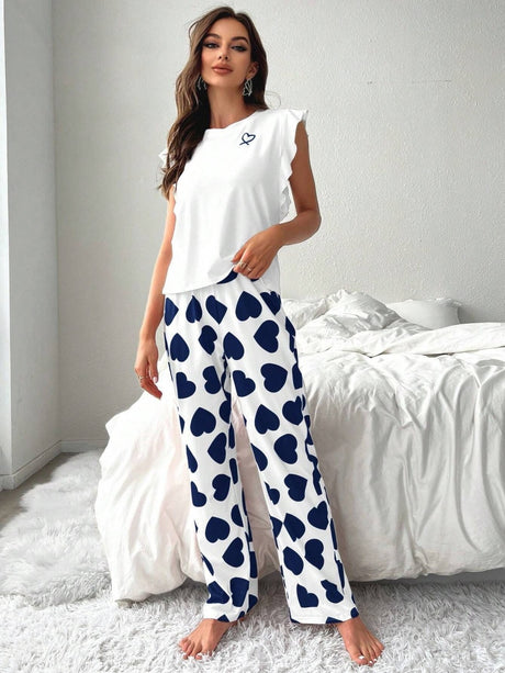 Heart-print Ruffled Sleeve Trousers Set That Can Be Worn As Loungewear