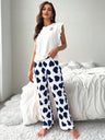 Heart-print Ruffled Sleeve Trousers Set That Can Be Worn As Loungewear