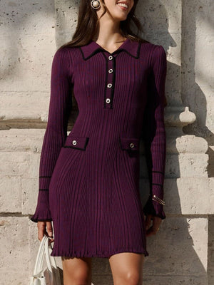 Color-blocked Pitted Wood Ear Edge Lapel Buttons Midi Dresses