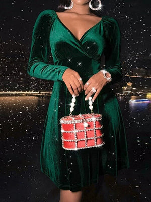 Long-sleeved Silver Fox Velvet V-neck Short Dress