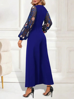 Blue V-neck Patchwork Embroidered Lantern Sleeves Bell-bottoms Commuting Jumpsuits