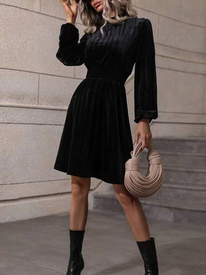 High Collar Gold Velvet Puff Sleeve Hit Long-sleeved Short Dress