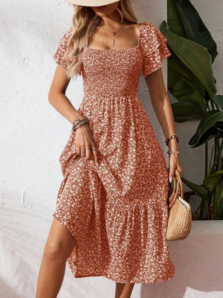 Floral Print Square Neckline And Puff Sleeves Maxi Dresses