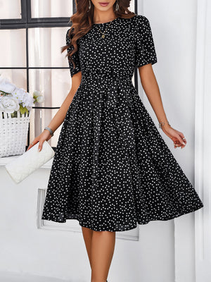 Polka Dots Crew Neck Waist Tie Short Sleeves Maxi Dresses