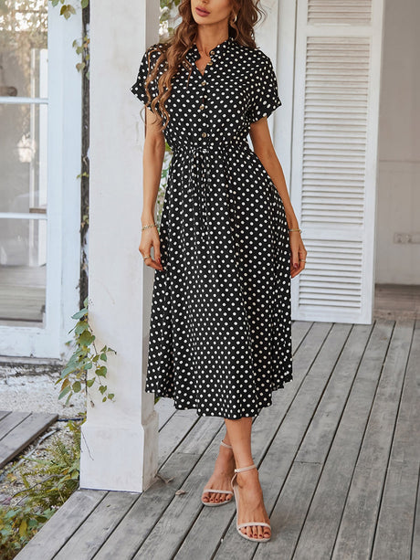 Polka Dots Polo Collar Waist Tie Short Sleeves Maxi Dresses