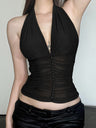 Mesh Pleats V-neck Halter Neck Backless Tank Tops