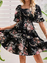 Printed Pleated Square Neck Short Sleeve Mini&Short Dresses