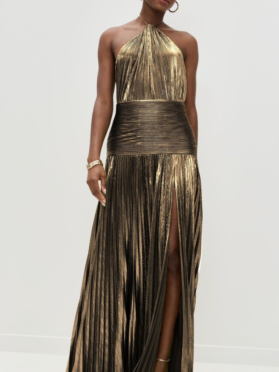 Metallic Halter Neck Style Crimp Slit Thin Strap Sleeveless Backless Cocktail Party Parties Formal Dress Long Dress