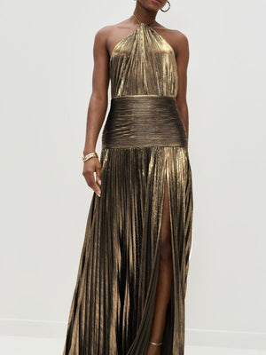 Metallic Halter Neck Style Crimp Slit Thin Strap Sleeveless Backless Cocktail Party Parties Formal Dress Long Dress