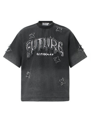 Washed Patches Stereo Embroidery Denim T-shirt