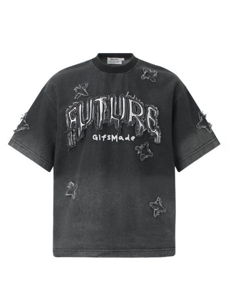 Washed Patches Stereo Embroidery Denim T-shirt