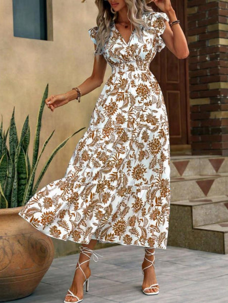Floral Print V-neck Short Sleeve Maxi Dresses