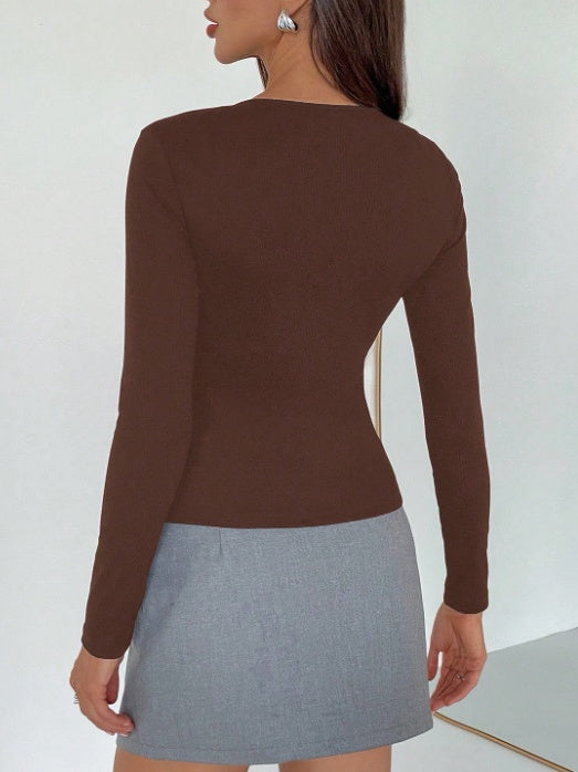 Sexy Long-sleeved Round Neck Solid Color Hollow-out T-shirt