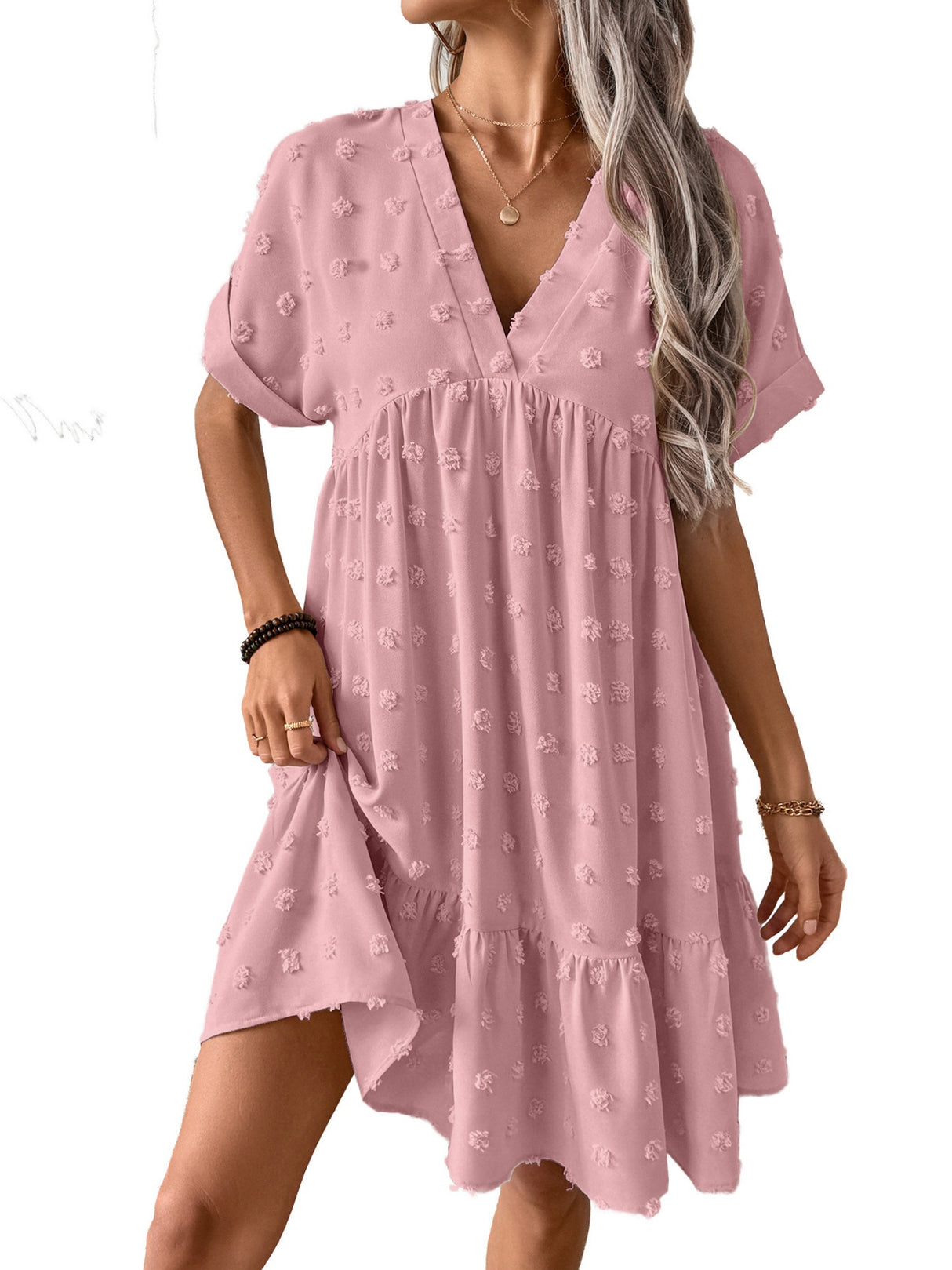 Ruffled Hem V-neck With Rolled-up Sleeves Mini&Short Dresses