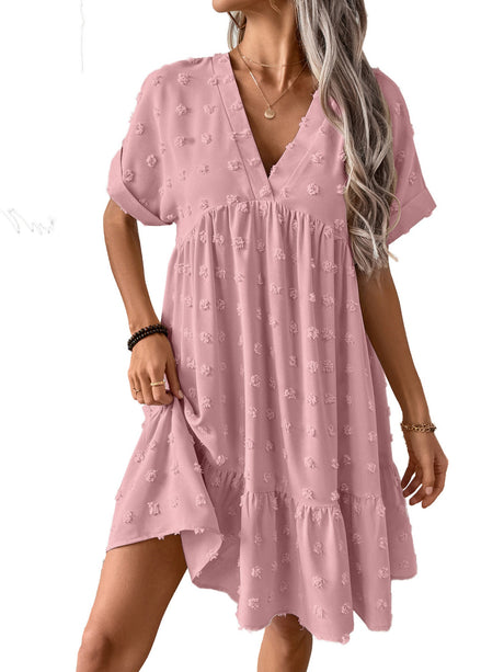 Ruffled Hem V-neck With Rolled-up Sleeves Mini&Short Dresses