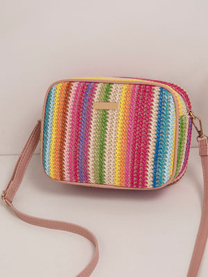 Colorful Straw Woven Oval Crossbody Bag For Vacation