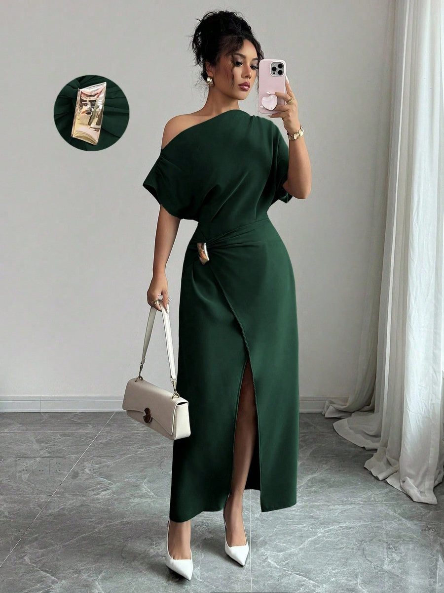 Off-shoulder Slit Commuting Maxi Dresses