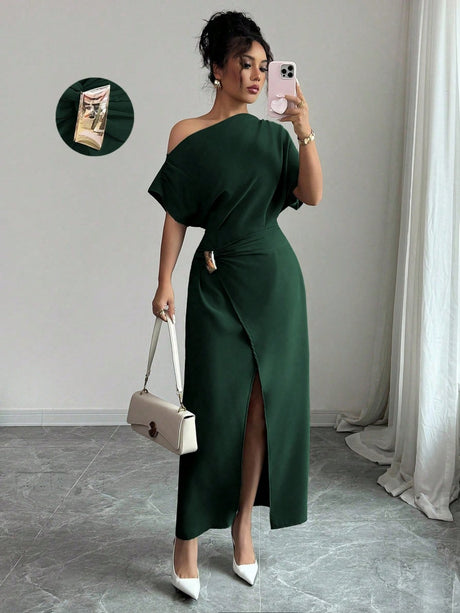 Off-shoulder Slit Commuting Maxi Dresses