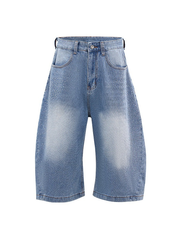 Light Blue Scattered Diamonds Washed Distressed Denim 7 Points Shorts