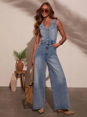 V-neck Sleeveless Denim Jumpsuit Trousers