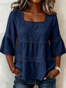 Lace Patchwork Cotton And Linen Square Neckline And Three-quarter Sleeves T-shirts