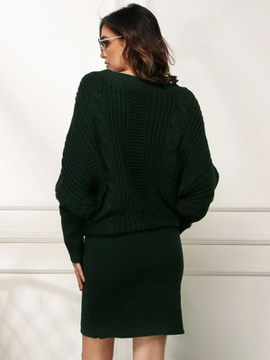 Knitting Crew Neck Loose Jacquard Long Sleeve Mini&Short Dresses