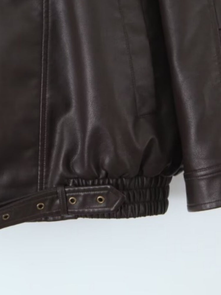Retro PU Leather Jacket With Asymmetrical Lapel Design