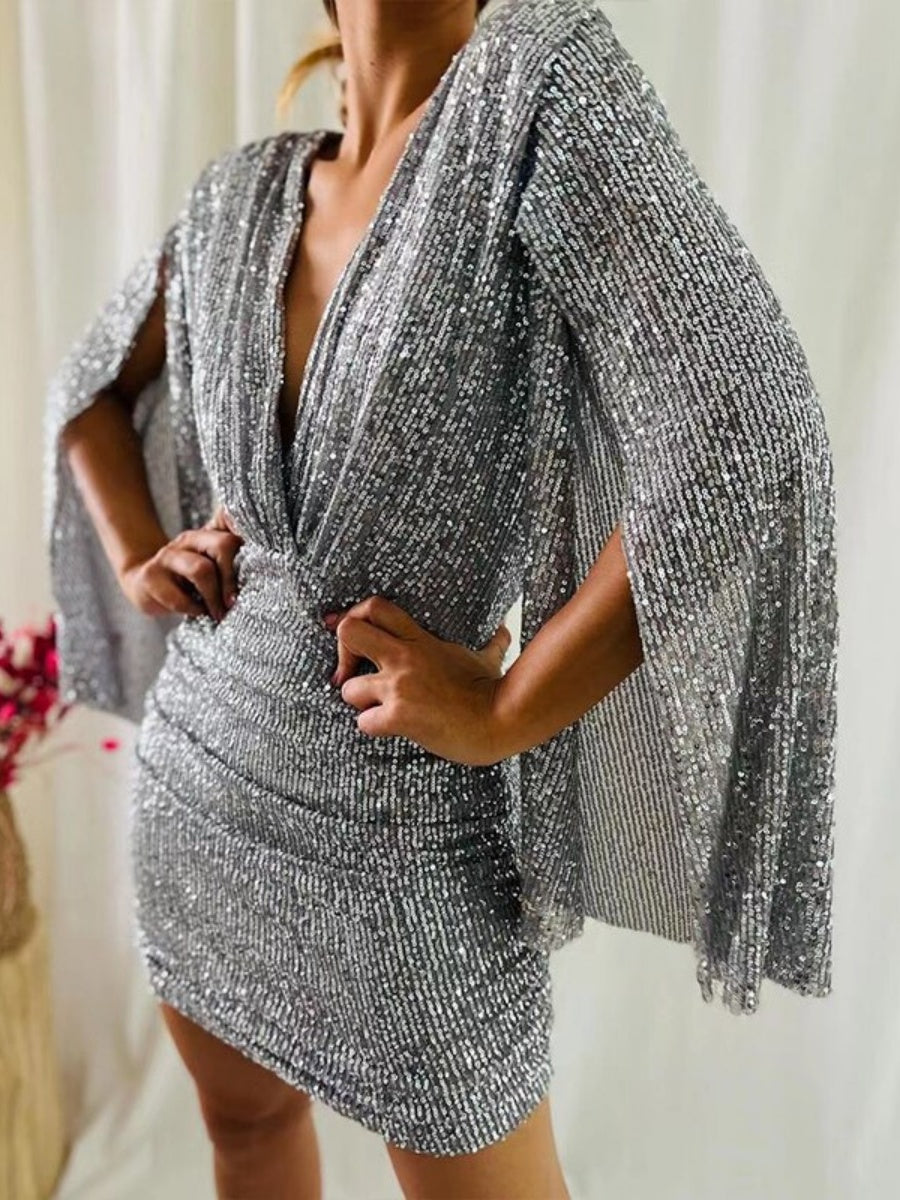 V-neck Hip-hugging Irregular Sequins Cloak Parties Mini&Short Dresses