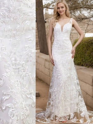 Schleppe, Hochzeitskleid, V-Ausschnitt, figurbetont, bestickt, Partykleid, Maxikleid