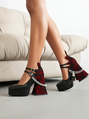 Pearl And Lace-trimmed Mary Jane High Heels