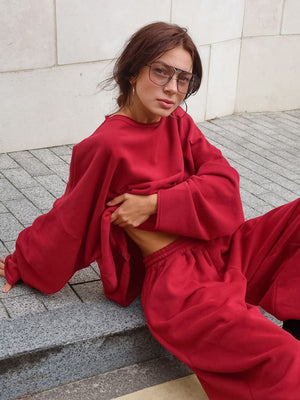 Pullover Sweatshirt Pants Loose Sporty Two-piece Suit