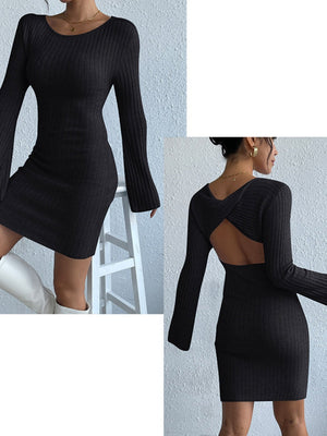 Liber Autumn women's backless knitted long-sleeved pullover short dress