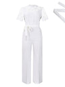 Lace Trim Hollow Short Sleeve Bandage High Waist Wide Leg Jumpsuits