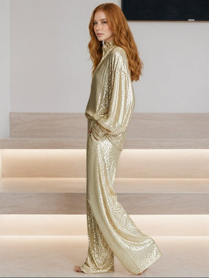 Sequins Shirts Jacket Wide Leg Set 2-piece Sets