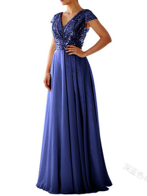 V-neck Sequins Chiffon Splicing Evening Gown Maxi Dresses