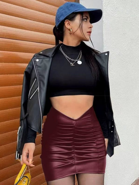 Pleated PU Commuter Skirt Bodycon Skirt