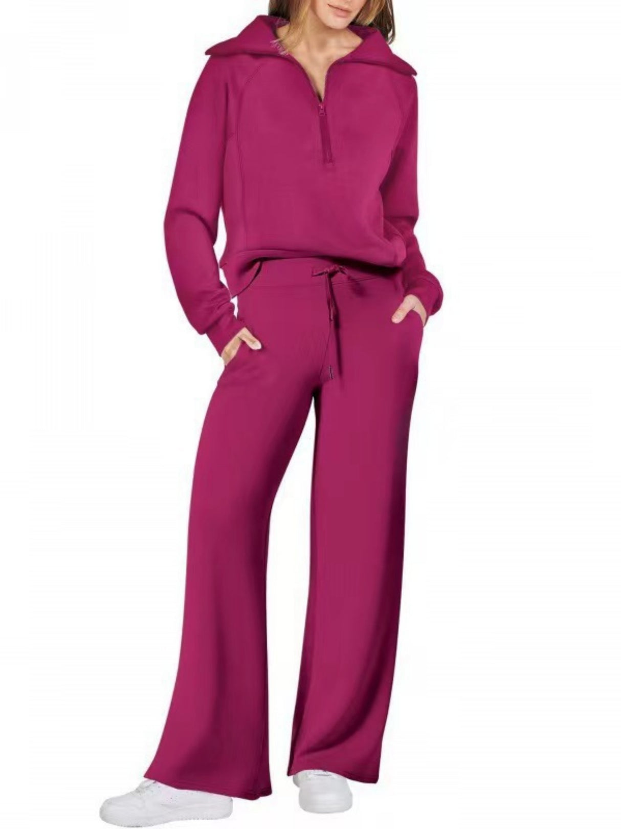 Women's Casual Sportswear Set: Zippered Long-Sleeved Sweatshirt And Wide-Leg Pants Two-Piece Set