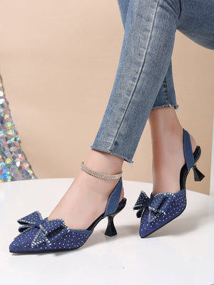 Rhinestone Pointed Bow Backless High Heels