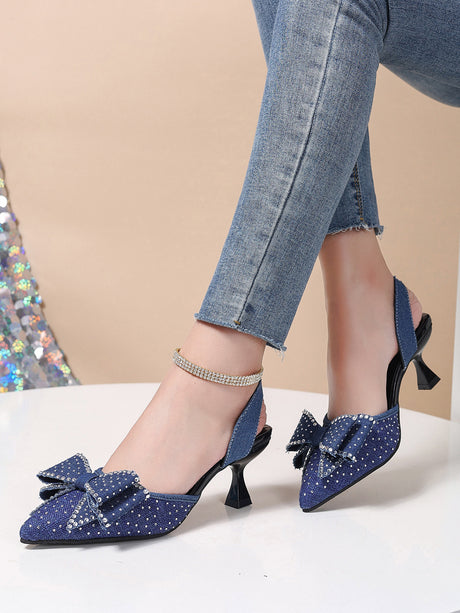 Rhinestone Pointed Bow Backless High Heels
