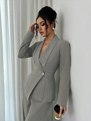 Long Sleeve Single Buckle Blazers Straight-leg Pants 2-piece Sets