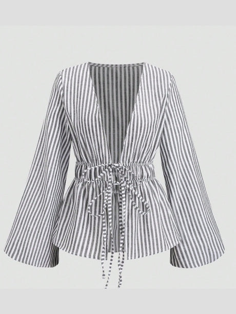 V-neck Long-sleeved Striped Bow-tie Shirt