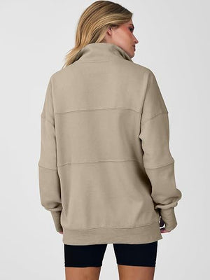 Women's Autumn/Winter Solid Color Half-Zip Long-Sleeve Side-Slit Sweatshirt