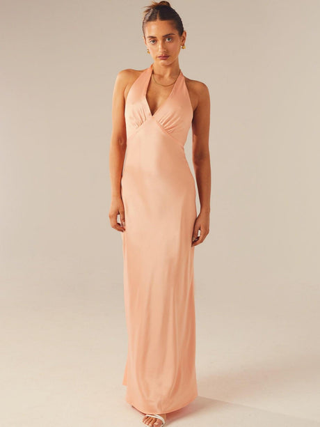 Satin V-neck Halter Neck Backless Strappy Maxi Dresses