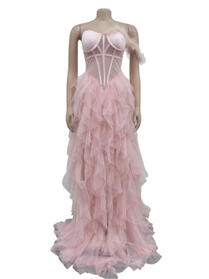 Ärmelloses, trägerloses Top mit Federapplikationen, durchsichtige Maxikleider aus Mesh