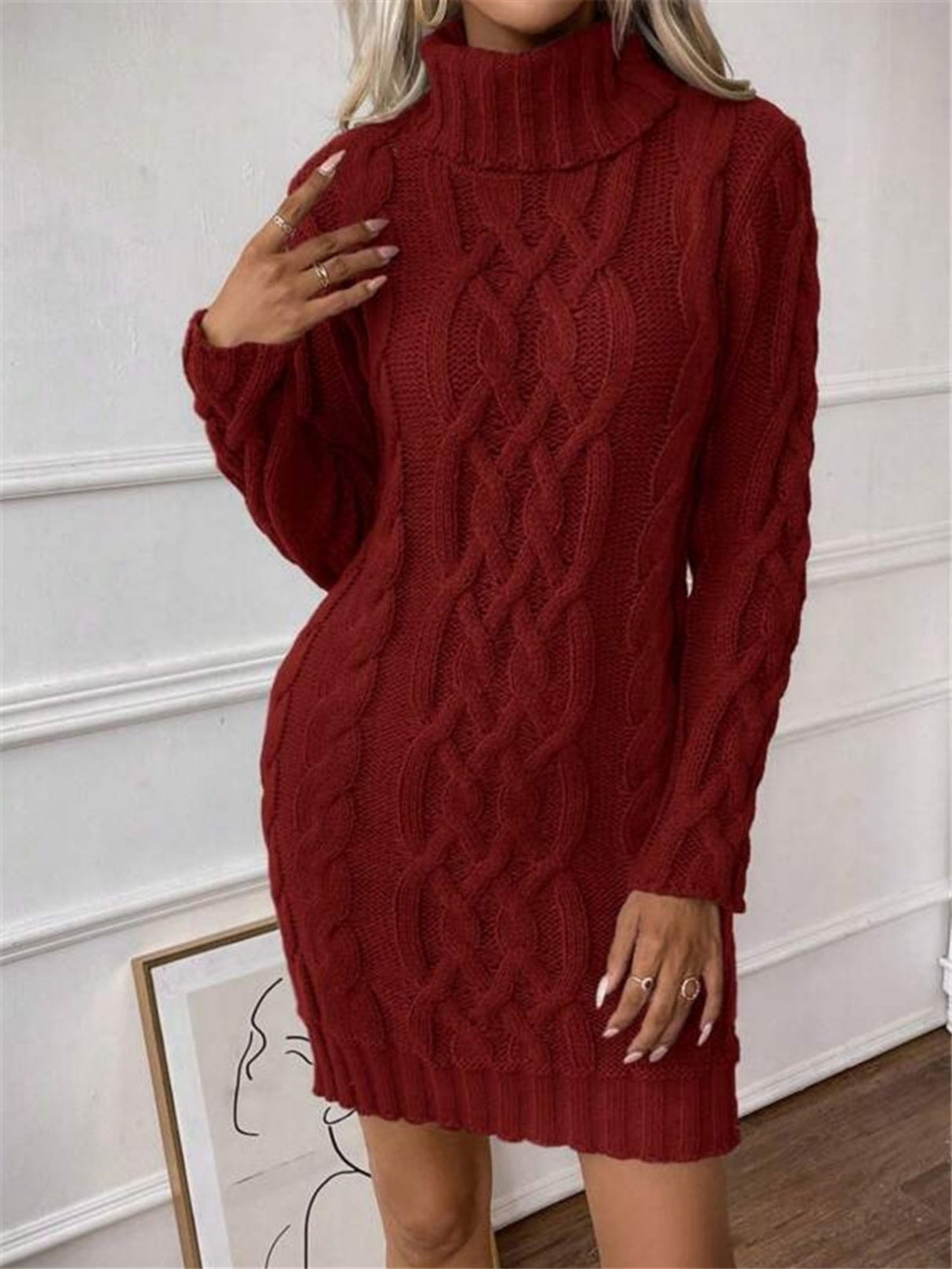 Twisted Thread Turtleneck Knitted Sweaters Midi Dresses