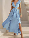 V-neck With Ruffles Backless And Waistless Hollowed-out Slit Back Strap Maxi Dresses