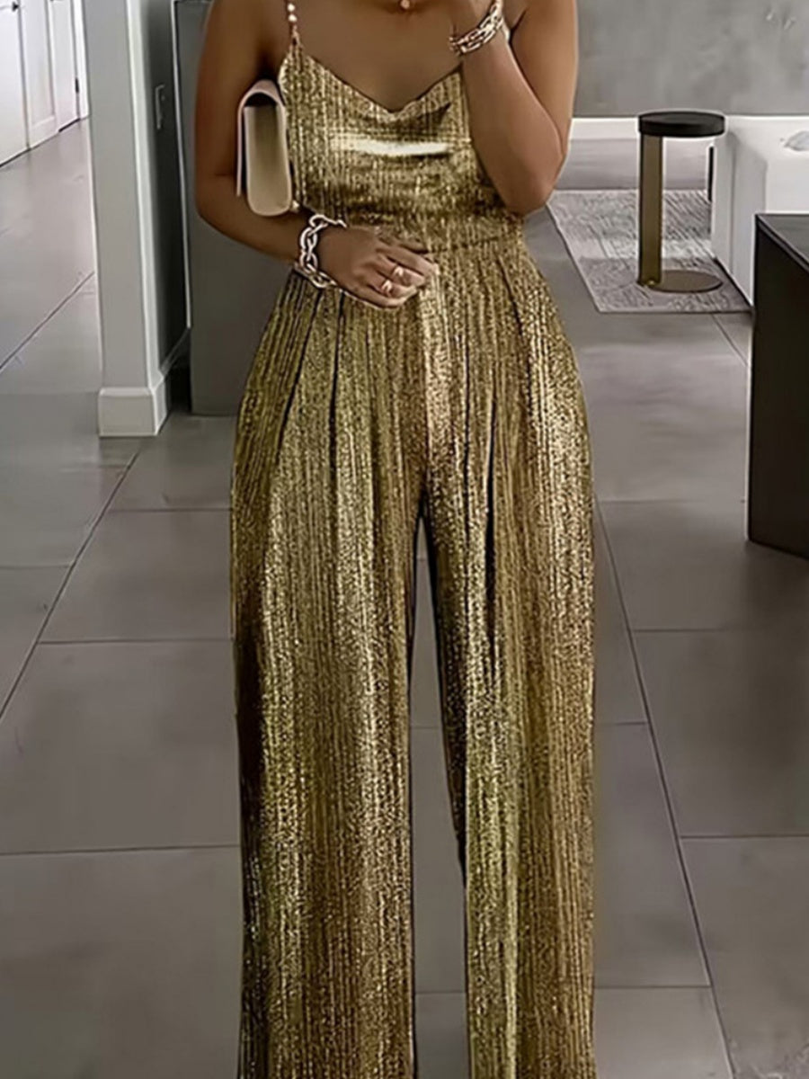Wide-leg Pants Camisoles Waist Metallic Color Jumpsuits