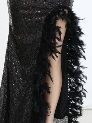 Feather Splicing Sequined V-neck Backless Evening Gown High-slit Suspenders Maxi Dresses