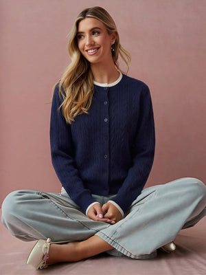 Cable Knit Color-blocked Trim Faux Two-piece Round Neck Knit Cardigan