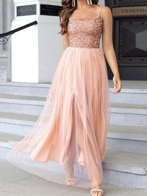 Sequins Mesh Splicing Suspenders Sweet Maxi Dresses